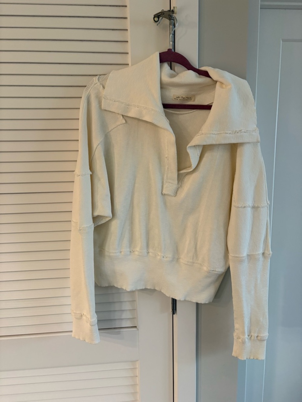 Free People Cream waffle-knit pullover with wide collar
